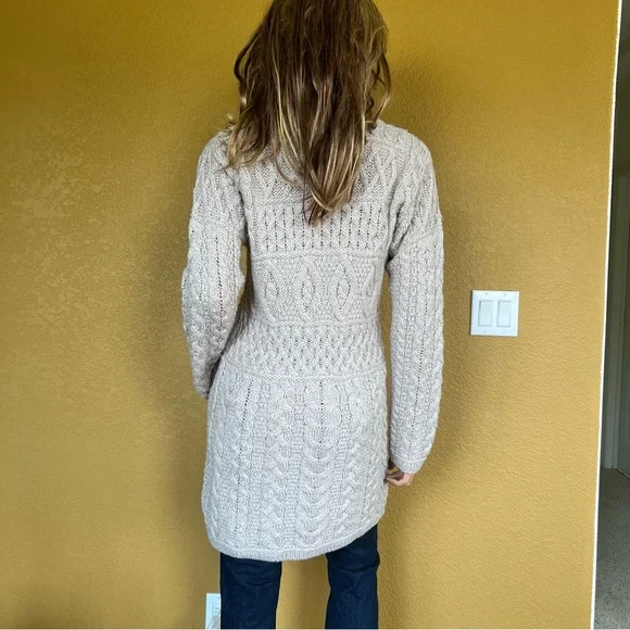 Inis Crafts Merino Wool Long Full-Zip Tunic Cardigan Sweater Beige - Picture 10 of 12